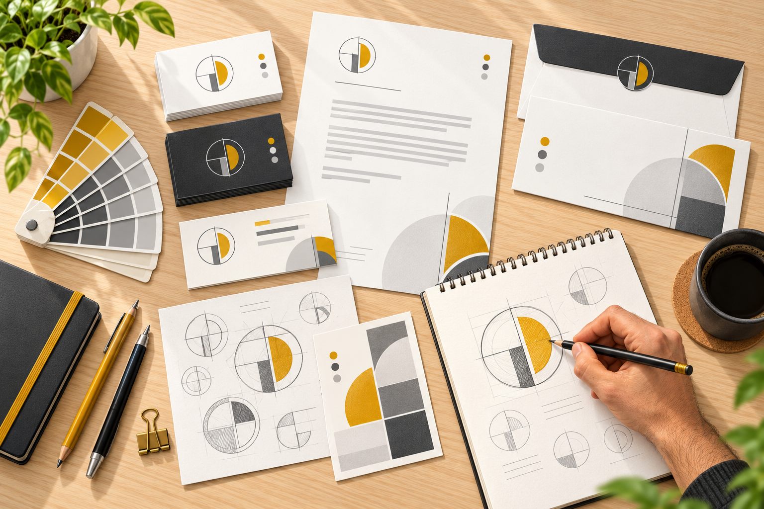 Mesa de diseño con tarjetas de visita, papelería, sobre y bocetos a lápiz de un logotipo circular en dorado y gris