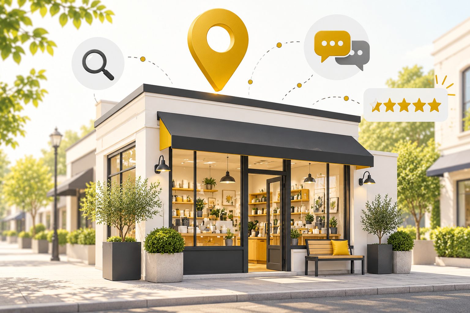 Tienda local con un gran pin de mapa dorado encima y, a su alrededor, una lupa de búsqueda, burbujas de chat y cinco estrellas de valoración